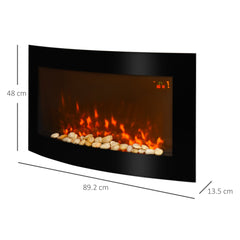 HOMCOM Led Wall Mounted Fireplace Curved Glass Electric Fire Place Fire Place 7 Colour Side Lights Slimline, 1000/2000W, 89.2cm x 48cm