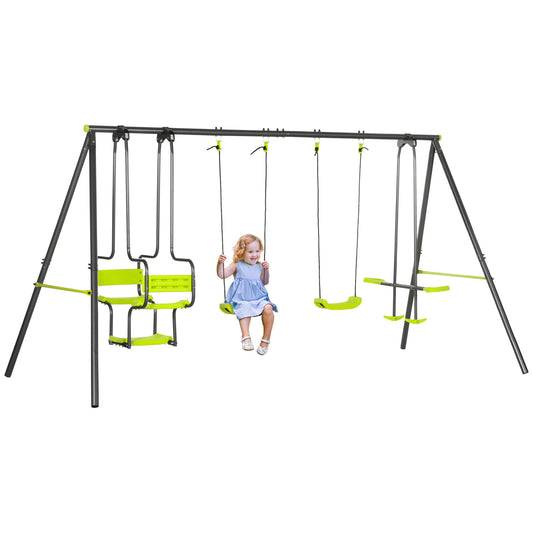 Outsunny Metal Garden Swing Set with Double Swings, Glider, Swing Seats - Green