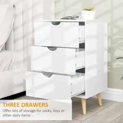 HOMCOM Bedside Table, Bedside Cabinet with 3 Drawers, Small Side Table with Wood Legs and Cut-out Handles for Bedroom, Cream White