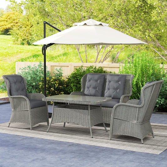 Outsunny Garden PE Rattan Dining Sofa Set, Outdoor 4 Seater Wicker Furniture, High Back Chairs with Cushions, Tempered Glass Coffee Table for Patio, Light Grey