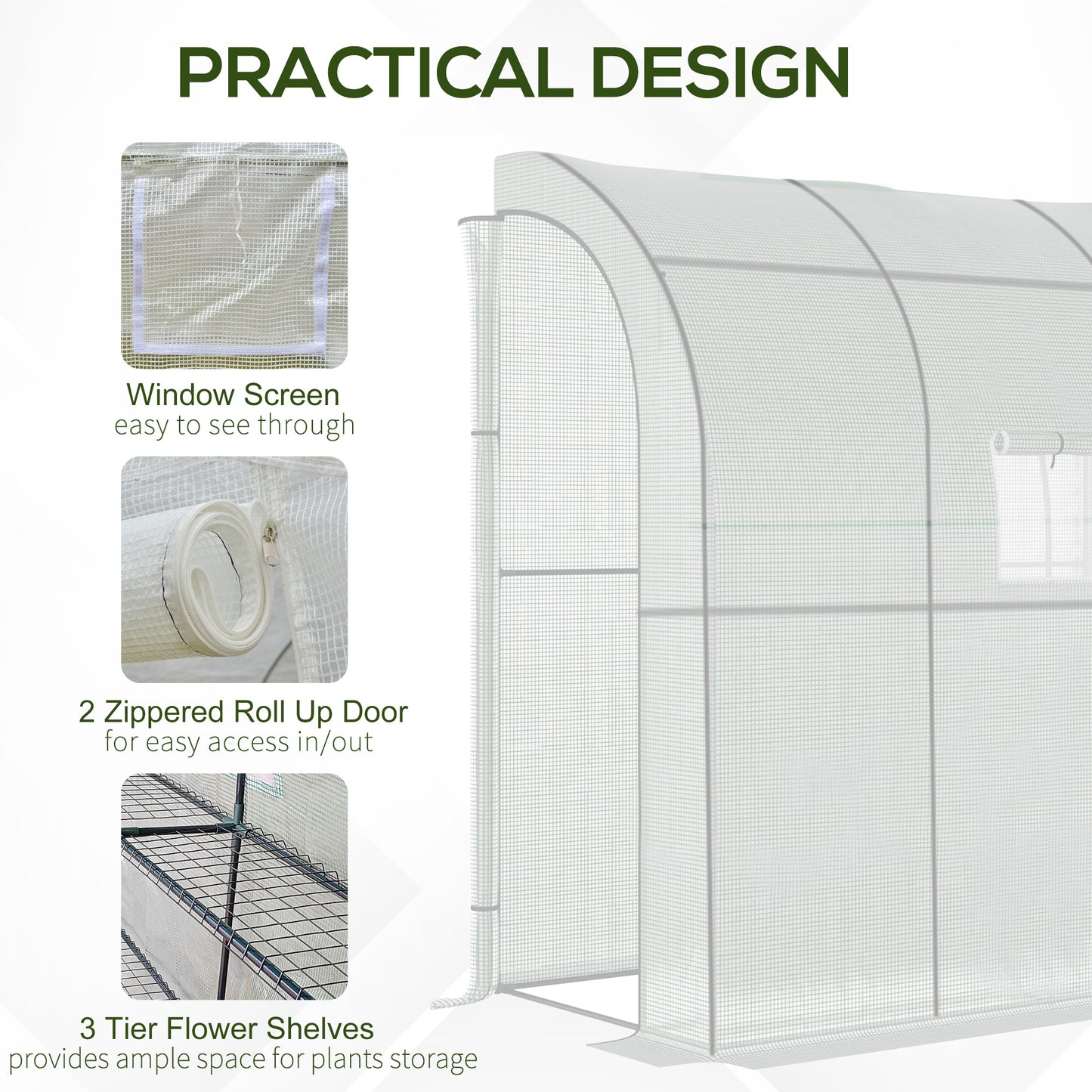 Outsunny Walk-In Lean to Wall Greenhouse with Windows and Doors, Outdoor Green House with 3 Tiers 4 Wired Shelves, 200L x 100W x 215Hcm, White