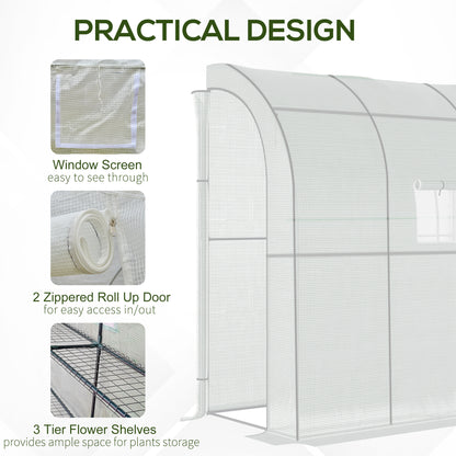 Outsunny Walk-In Lean to Wall Greenhouse with Windows and Doors, Outdoor Green House with 3 Tiers 4 Wired Shelves, 200L x 100W x 215Hcm, White