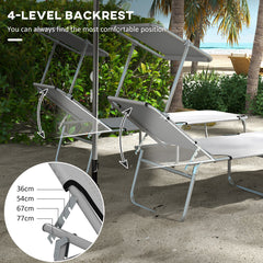 Outsunny Outdoor Foldable Sun Lounger Set of 2, 4 Level Adjustable Backrest Reclining Sun Lounger Chair with Angle Adjust Sun Shade Awning for Beach, Garden, Patio, Light Grey