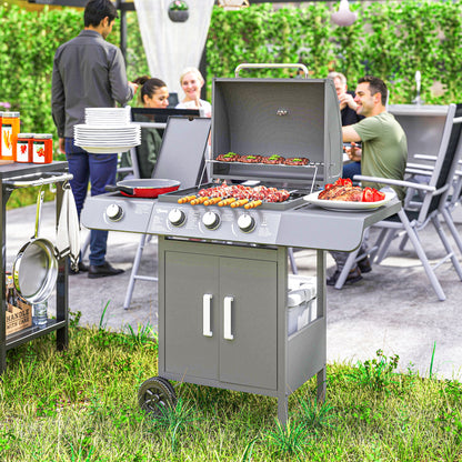 Outsunny 3+1 Burner Gas BBQ Grill, Outdoor Barbecue Trolley with Wheels, Warming Rack, Side Shelves, Cabinet, Thermometer for Garden, Party, Camping, 110L x 50W x 100Hcm, Grey