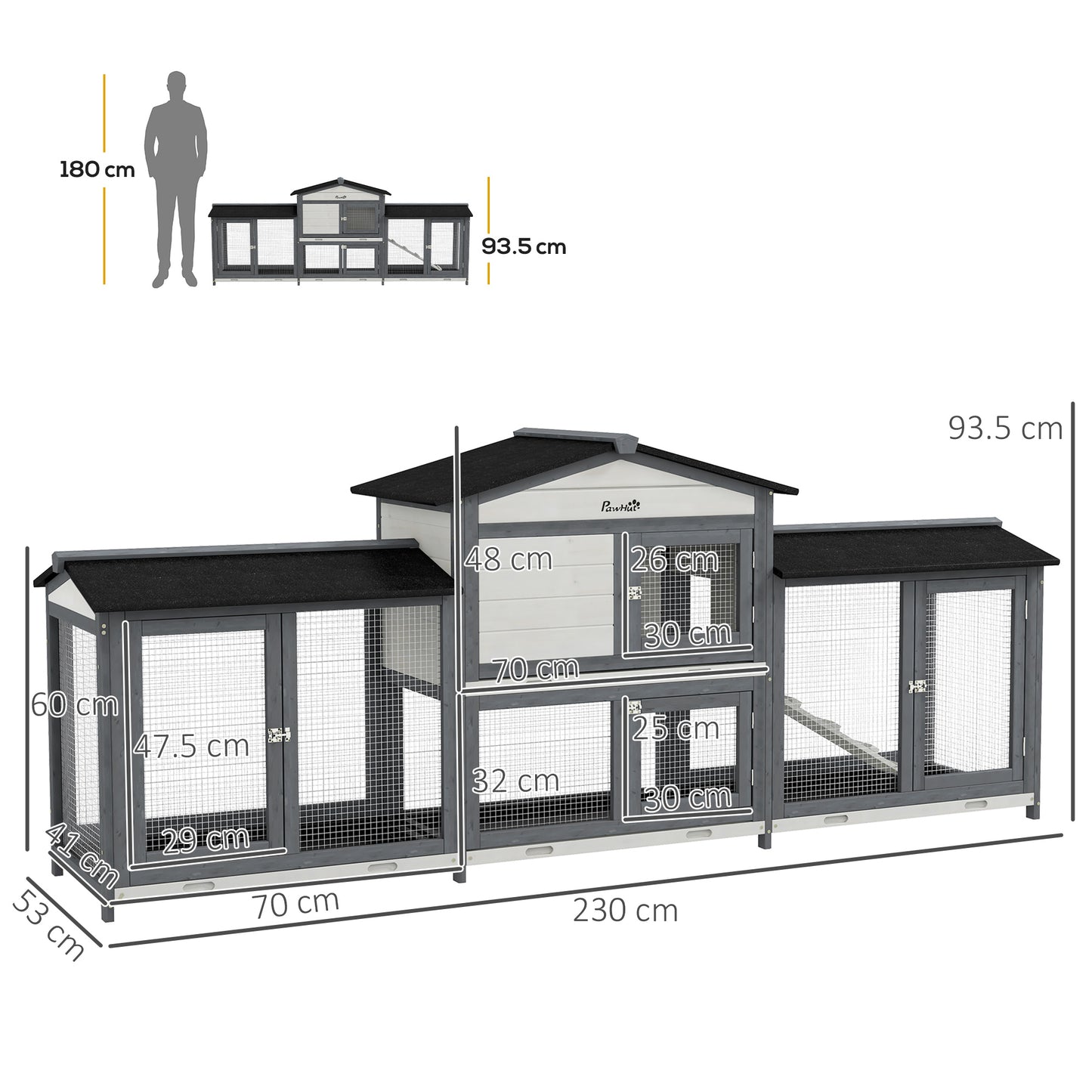 PawHut 2-Tier Large Rabbit Hutch Outdoor with Double Side Run Boxes, No-leak Plastic Tray, Ramp, 230 x 53 x 93.5cm, Light Grey