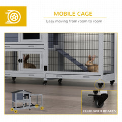 PawHut Portable Rabbit Cage, Rabbit Hutch with Run, Wheels, Three Slide-Out Trays, Ramp, Openable Top for Outdoor Indoor - Grey