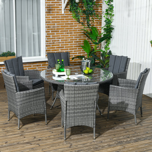 Outsunny Seven-Piece Rattan Dining Table, with Round Glass-Top Table