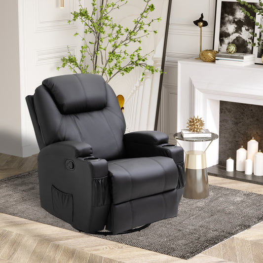 HOMCOM Recliner Chair, Recliner Massage Rocker Chair with 360√Ç¬∞ Rotate, 165√Ç¬∞ Reclining Function, Adjustable Footrest, Swivel Armchair Single Sofa for Living Room with Drink Holders, Side Pockets, Black