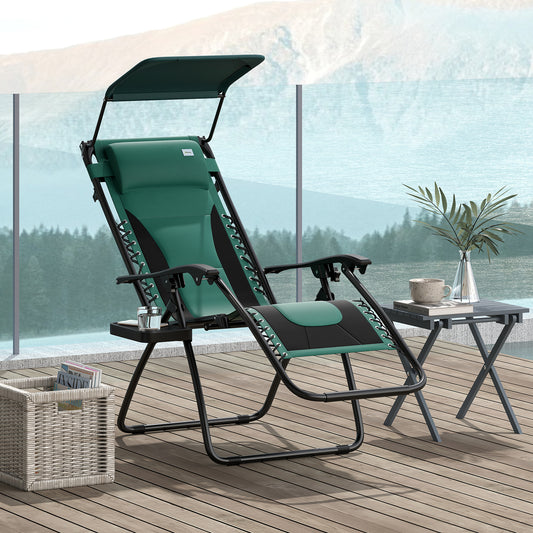 Outsunny Zero Gravity Lounger Chair, Folding Reclining Patio Chair with Shade Cover, Padded Seat, Cup Holder, Soft Cushion and Headrest for Poolside, Camping, Green