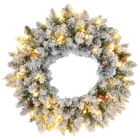 HOMCOM 60" Snowy Pine Cone and Berry Christmas Wreath, with LED Lights