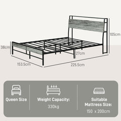 HOMCOM King Steel Bed Frame, with LED Lights and Headboard Shelf - Grey