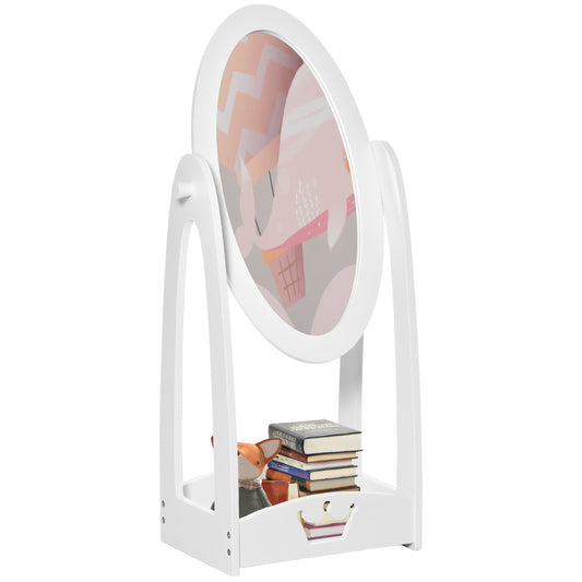 HOMCOM Free Standing Full Length Mirror, Child's Dressing Mirror with storage shelf, Children's White Bedroom Furniture 360√Ç¬∞ Rotation MDF, For 3- 8 Years Old, 40L x 30W x 104H cm