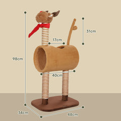 PawHut 98cm Deer-Designed Cat Tree with Scratching Posts, Toy Ball, Tunnel, Brown