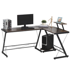 HOMCOM L Shaped Corner Desk, Gaming Desk, Computer Table with Monitor Stand and CPU Stand, Study Workstation for Home Office, 155 x 115 x 91.5cm, Rustic Brown and Black