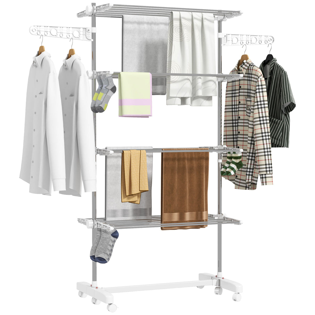 HOMCOM Four-Shelf Collapsing Clothes Horse, With Side Arms and Wheels - White