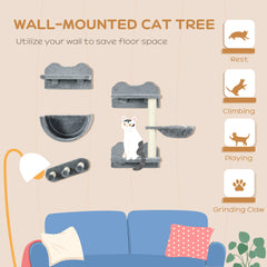 PawHut 4PCs Wall-Mounted Cat Shelves w/ Scratching Post, Hammock, Nest - Grey