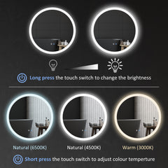 kleankin Round Bathroom Mirror with LED Lights, Wall-Mounted Dimmable Makeup Mirror with 3 Temperature Colours, Defogging Film, Memory Function, Hardwired, 70 x 70√Ç cm