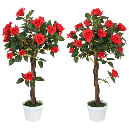 Outsunny Set of 2 Artificial Plants White Rose Floral in Pot, Fake Plants for Home Indoor Outdoor Decor, 90cm, Red