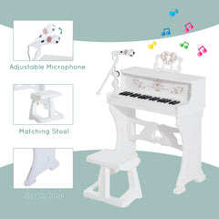 HOMCOM 37 Keys Kids Piano Mini Electronic Keyboard Light Kids Musical Instrument Educational Game Children Grand Piano Toy Set w/Stool & Microphone & Music Stand (White)