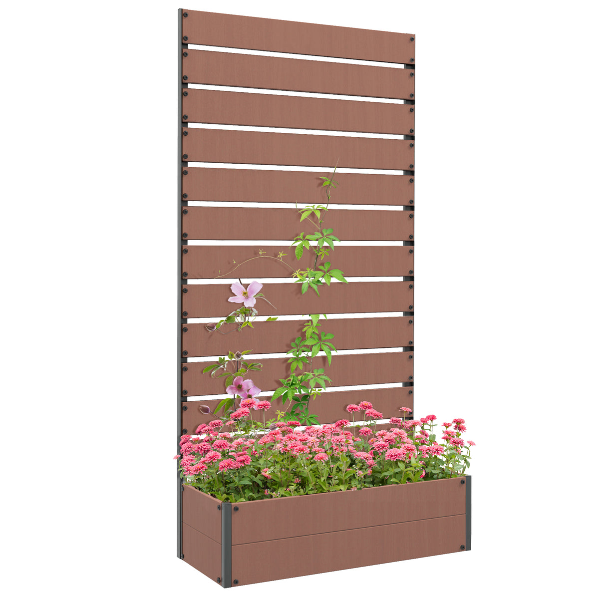 Outsunny Raised Bed for Garden, Planter with Trellis for Climbing Plants, Vines, Planter Box with Drainage Gap, Light Brown