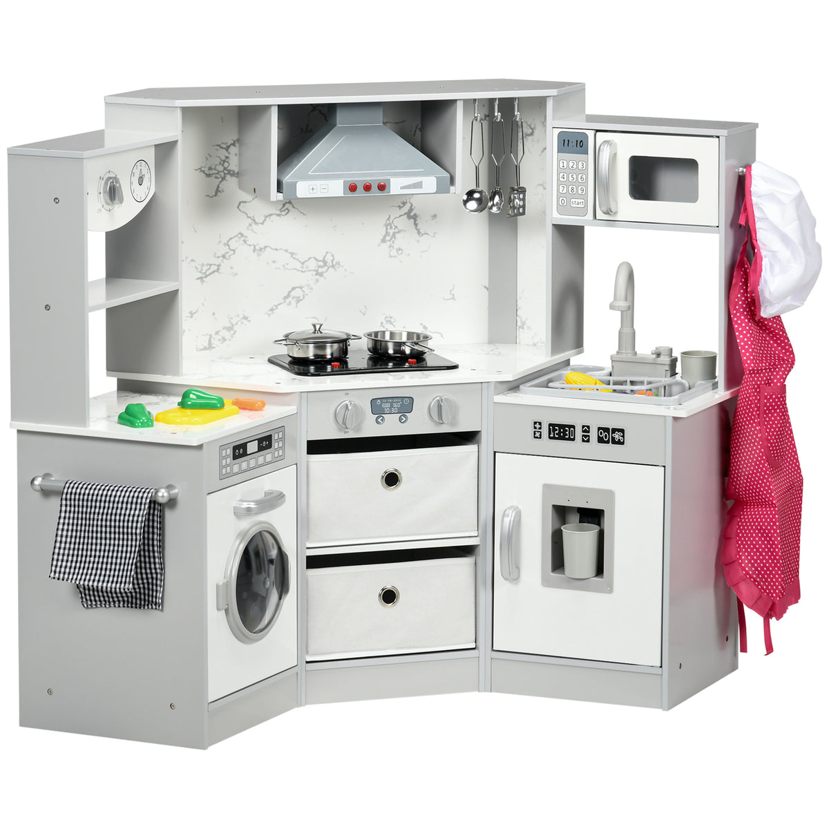 AIYAPLAY Toy Kitchen with Running Water, Lights, Sounds, Apron and Chef Hat, Water Dispenser, for Ages 3-6 Years, Grey