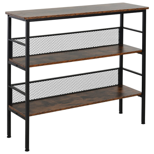 HOMCOM 3-Tier Storage Display Shelf, Industrial Bookshelf with Adjustable Feet, Metal Frame Shelving Unit for Study, Living Room, Kitchen, Rustic Brown and Black