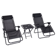 Outsunny 3pcs Folding Zero Gravity Chairs Sun Lounger Table Set w/ Cup Holders Reclining Garden Yard Pool, Black