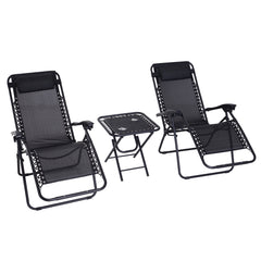 Outsunny Folding Zero Gravity Chairs, 3 Pieces Adjustable Sun Lounger and Table Set with Cup Holder and Headrest, Bistro Set with Reclining Garden Chairs for Patio, Black