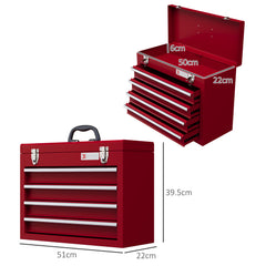 DURHAND Lockable Metal Tool Box, 4 Drawer Tool Chest with Latches, Handle, Ball Bearing Runners, Red