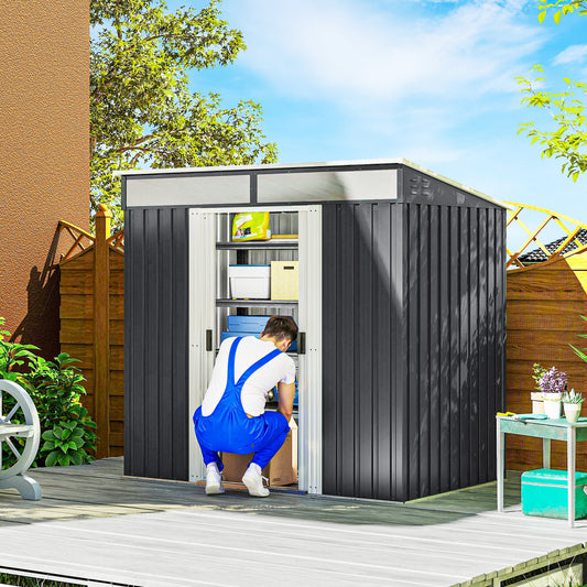 Outsunny 6.5 x 4FT Galvanised Metal Shed with Foundation Kit, Lockable Tool Garden Shed with Double Sliding Doors, Vents, Grey