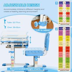 طقم مكتب وكرسي للأطفال من HOMCOM، مكتب كتابة للطلاب قابل لتعديل الارتفاع، طاولة دراسة مدرسية للأطفال مع سطح مكتب قابل للإمالة، درج، فتحة قلم، خطاف - أزرق