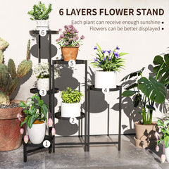 Outsunny 3 Tier Plant Stand Indoor Outdoor, Foldable Corner Plant Stands for Multiple Plants, Metal Round Flower Pot Holder for Patio Garden Balcony Living Room, Black