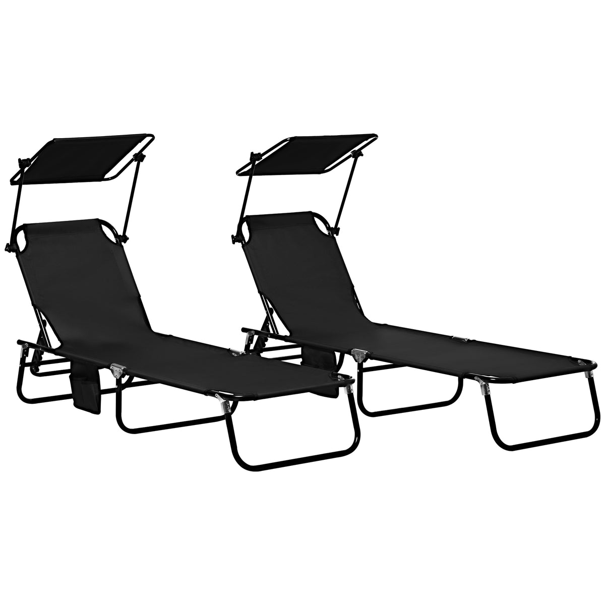 Outsunny Set of Two Folding Sun Loungers, with Adjustable Backs and Sun Canopies - Black