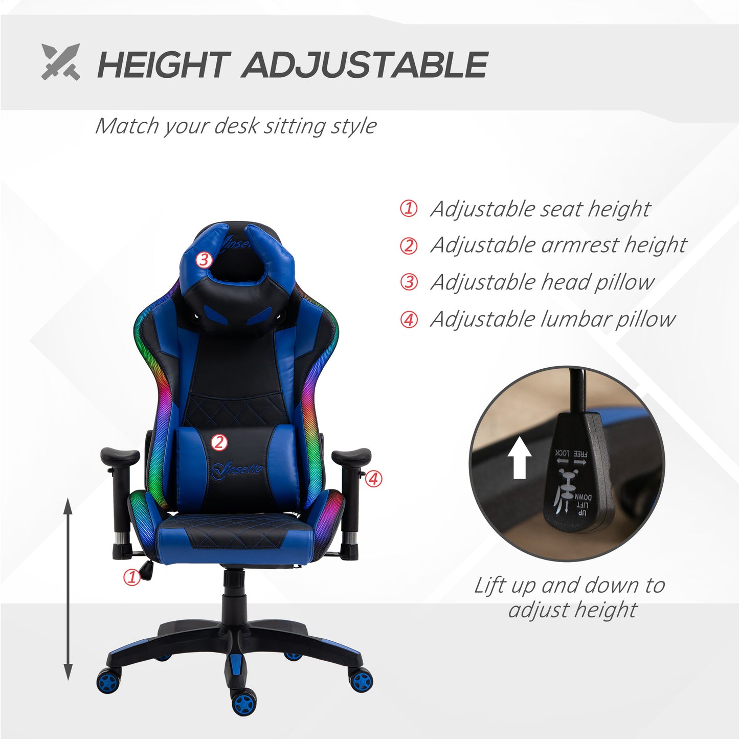 Vinsetto Racing Gaming Chair with RGB LED Light, Lumbar Support, Swivel Home Office Computer Recliner High Back Gamer Desk Chair, Black Blue