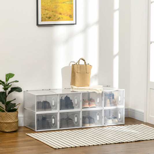 HOMCOM 8PCS Clear Shoe Box, Plastic Stackable Shoe Storage Box for UK/EU Size up to 12/46 with Magnetic Door for Women/Men, 28 x 36 x 21 cm