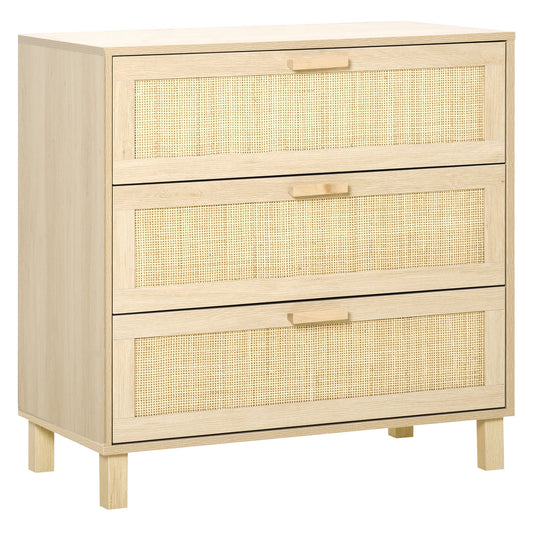 HOMCOM Rattan Bedroom Chest of Drawers, 3 Drawers Storage Unit, Boho Dresser for Living Room, Hallway, Natural