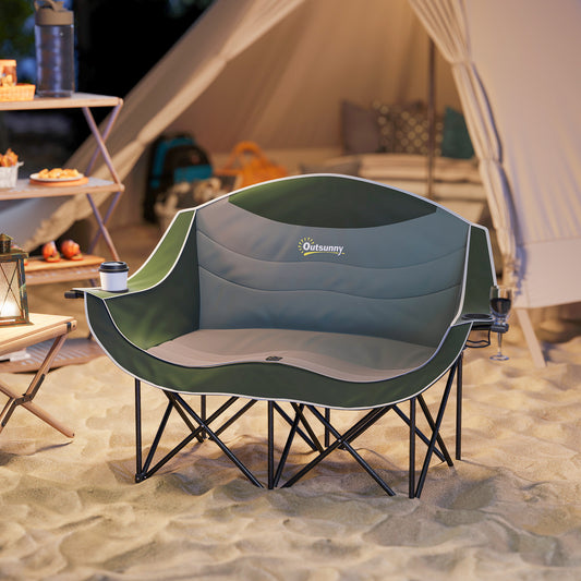 Outsunny Double Camping Chair for Adults, Oversized Heavy Duty Padded Folding Chair with Armrests, Cup Holders and Carry Bag for Outdoor Camping Hiking Picnic Fishing, 250kg Capacity, Green