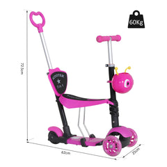 HOMCOM 5 in1 Kids Scooter 3 Wheel Toddler scooter Kick Scooter with Adjustable Handlebar, Removable Seat & Back Rest for 18 Month+, Pink