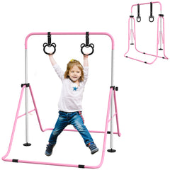 HOMCOM Adjustable Height, Foldable Kids Gymnastics Bar w/ Non-slip Rubber Floor Rings, for 3+ Years, Pink