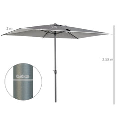 Outsunny 3 x 2m Garden Parasol Umbrella, Outdoor Market Table Umbrella with Aluminium Pole & Crank, Rectangular Tilting Parasol Sun Shade Canopy, Grey