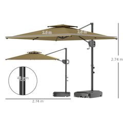 Outsunny Cantilever Parasol with Weighted Base Double Top Garden Parasol Square Hanging Patio Umbrella with Crank Tilt Khaki