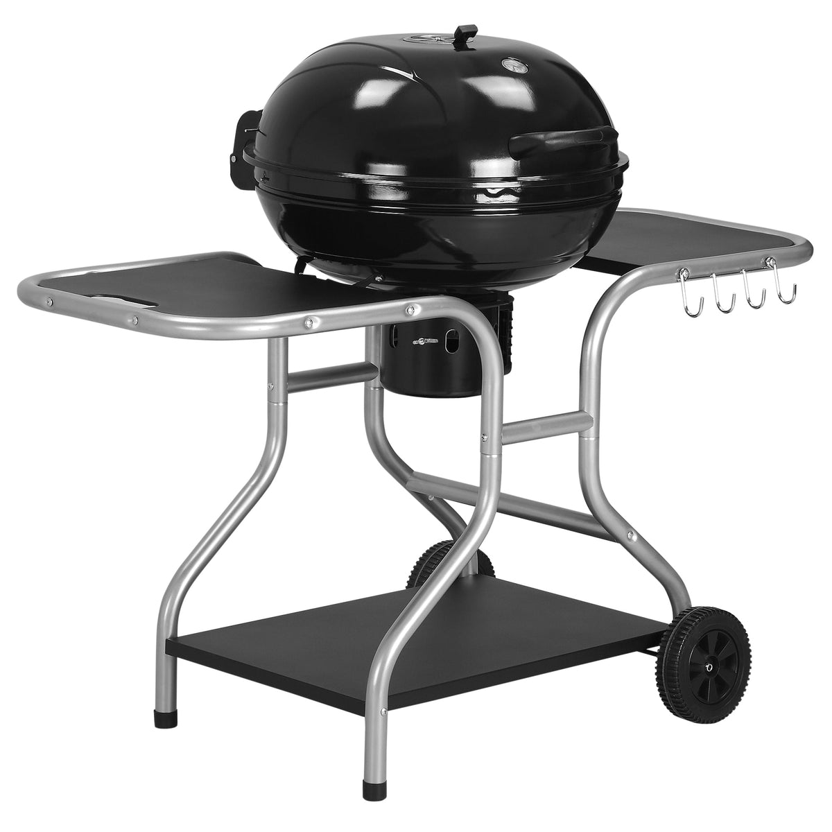 Outsunny Portable Charcoal Kettle Grill Outdoor Barbecue Trolley BBQ Heat Smoker Grilling with 2 Wheels, Storage Shelf and 4 Hooks, Free Standing, Black