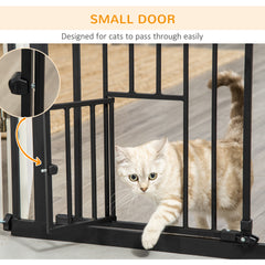 بوابة PawHut Extra Tall Pet Gate، بوابة أمان للكلاب في الأماكن المغلقة، مع فتحة للقطط، إغلاق تلقائي، عرض 74-101 سم - أسود