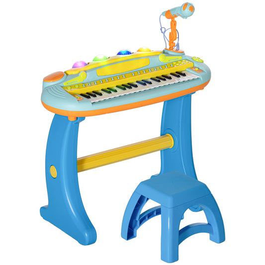 AIYAPLAY 37-Key Kids Piano w/ Microphone, Stool, LED Lights, Record & Replay, Function, Blue