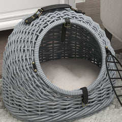 PawHut Wicker Pet Carrier Basket Cat Kitten Bed Portable Travel Cage w/ Soft Cushion Handle Grey 50 x 40 x 40 cm