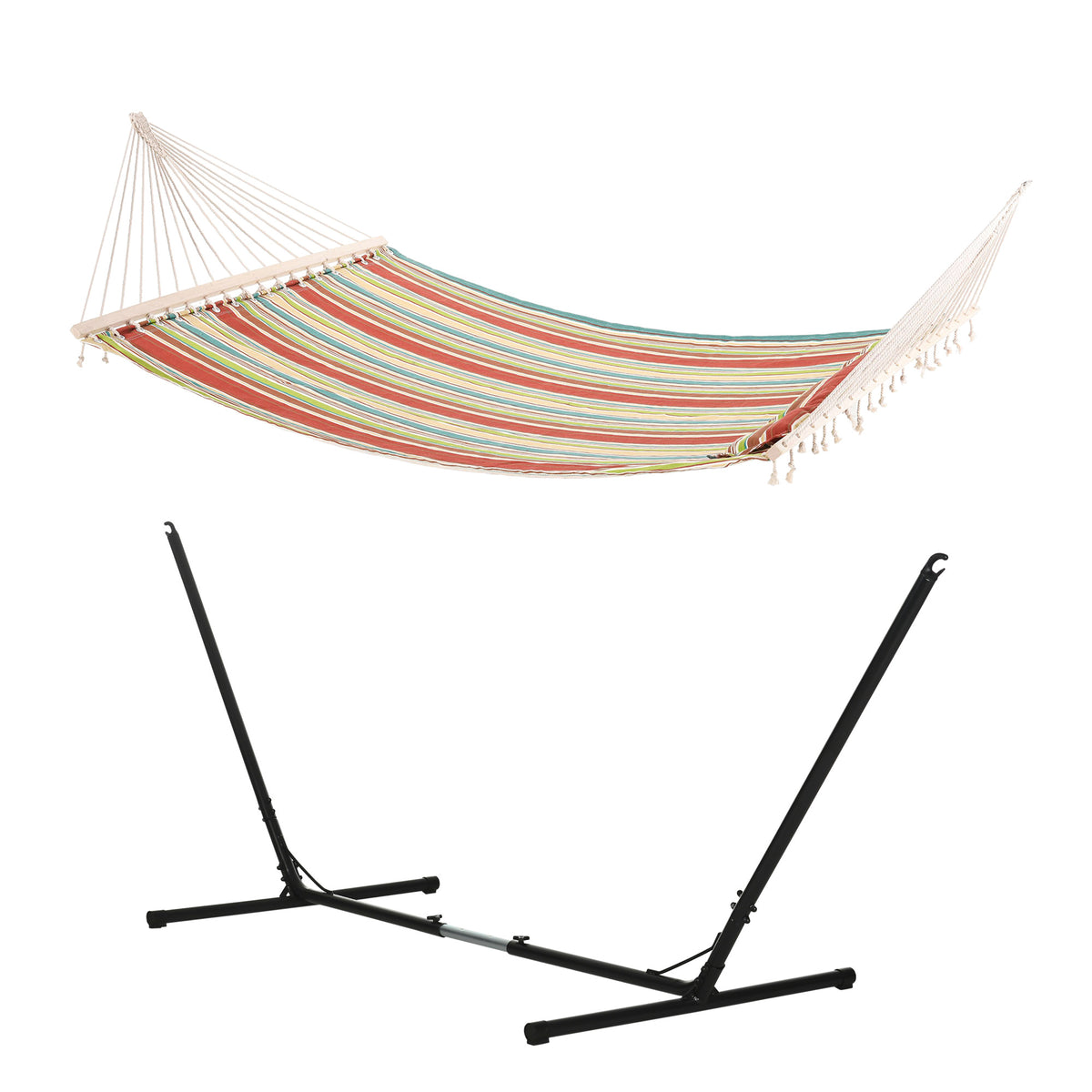 Outsunny Outdoor Garden Hammock with Stand, Double Cotton Hammock with Adjustable Steel Frame, Swing Hanging Bed with Pillow, for Garden, Patio, Beach, Red Stripes