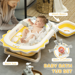 AIYAPLAY Foldable Baby Bath Tub Set with Bath Cushion, Wash Basin, Non-Slip Stand, Bottom, Yellow