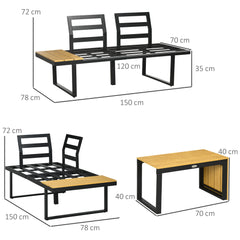 Outsunny 3 Pieces Patio Furniture Set, Outdoor Garden Sofa Conversation Set w/ Padded Cushions, Wood Grain Plastic Top Table and Side Panel, Dark Grey