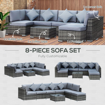 Outsunny 8 Pieces PE Rattan Corner Sofa Set with Thick Cushions, Aluminium Outdoor Rattan Garden Furniture Set with Glass Top Table, No Assembly Required, Grey