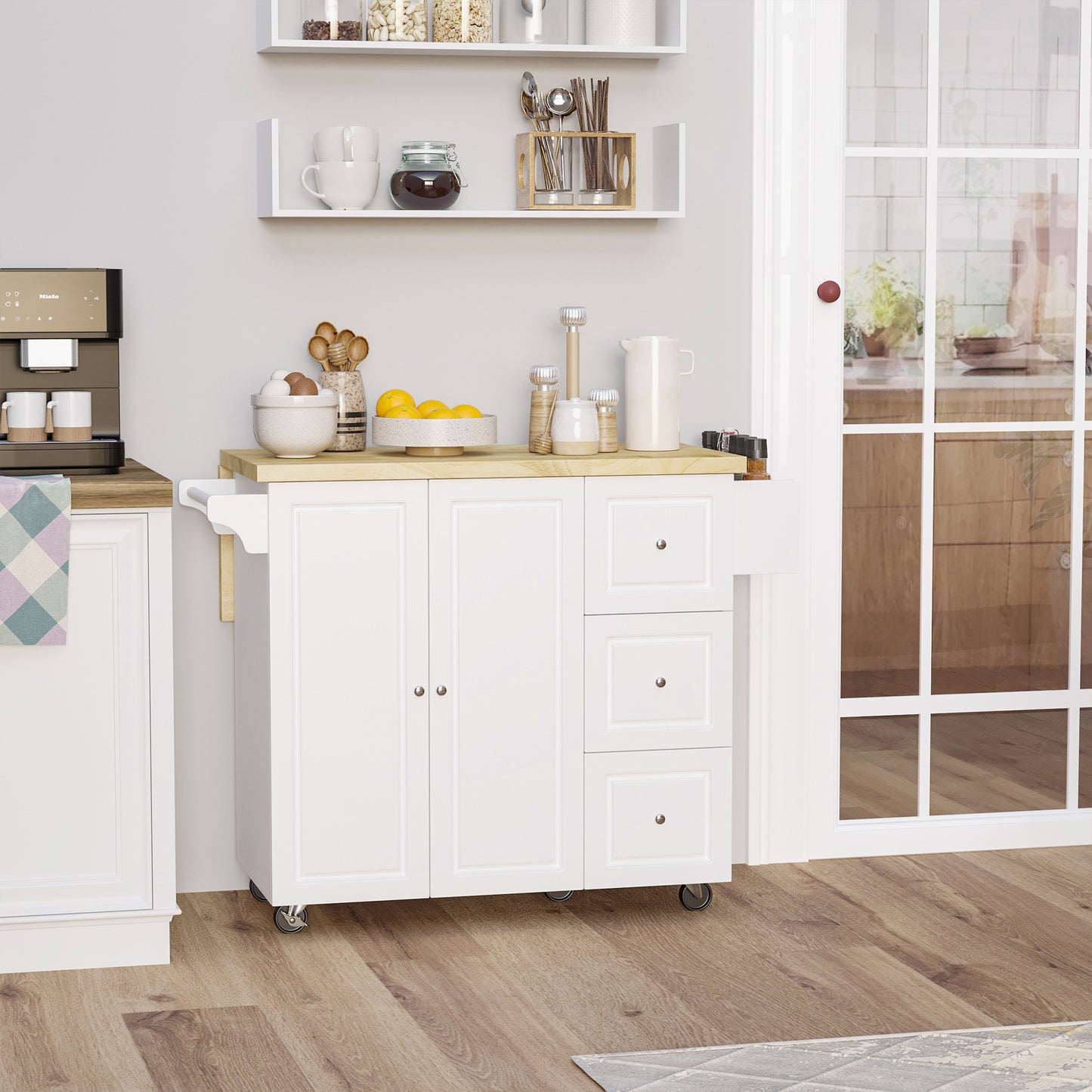 HOMCOM Drop-Leaf Kitchen Island on Wheels Utility Storage Cart with Drawers & Cabinet for Kitchen, Dining & Living Room